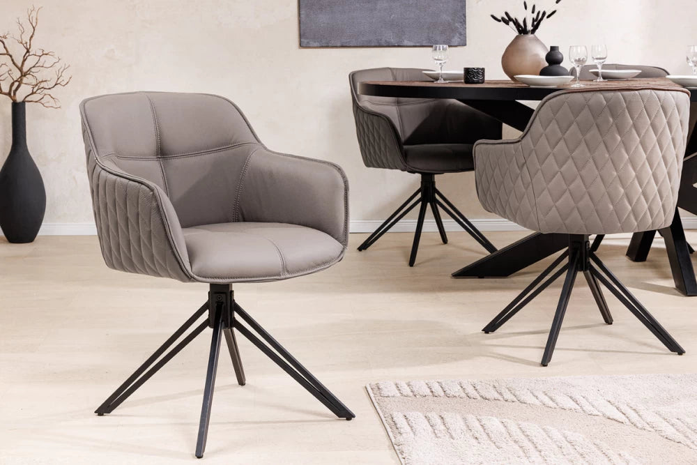 Set 2 scaune rotative cu brate  tapitat cu Piele naturala Maro taupe si picioare din Metal Negru H82xL58xA60cm Euphoria