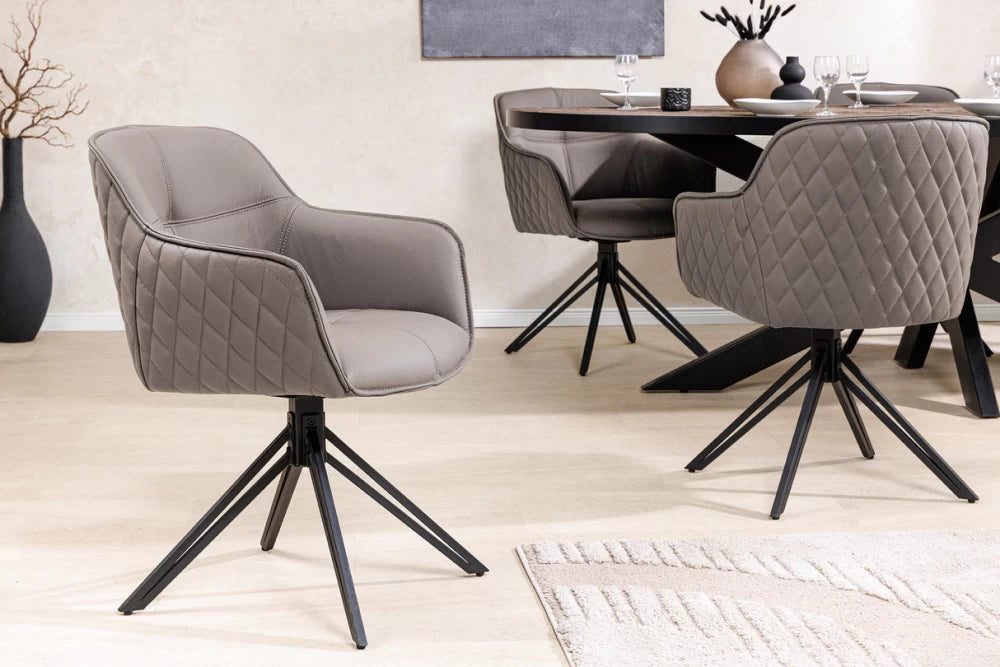 Set 2 scaune rotative cu brate  tapitat cu Piele naturala Maro taupe si picioare din Metal Negru H82xL58xA60cm Euphoria