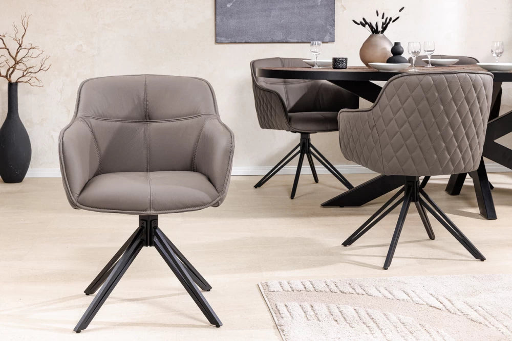 Set 2 scaune rotative cu brate  tapitat cu Piele naturala Maro taupe si picioare din Metal Negru H82xL58xA60cm Euphoria