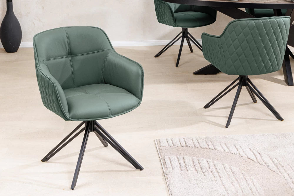 Set 2 scaune rotative cu brate tapitat cu Piele naturala Verde si picioare din Metal Negru H82xL58xA60cm Euphoria
