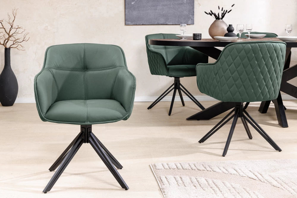 Set 2 scaune rotative cu brate tapitat cu Piele naturala Verde si picioare din Metal Negru H82xL58xA60cm Euphoria