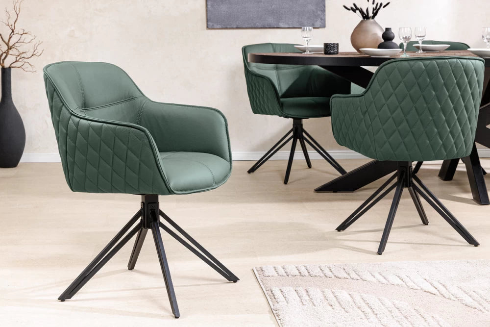 Set 2 scaune rotative cu brate tapitat cu Piele naturala Verde si picioare din Metal Negru H82xL58xA60cm Euphoria