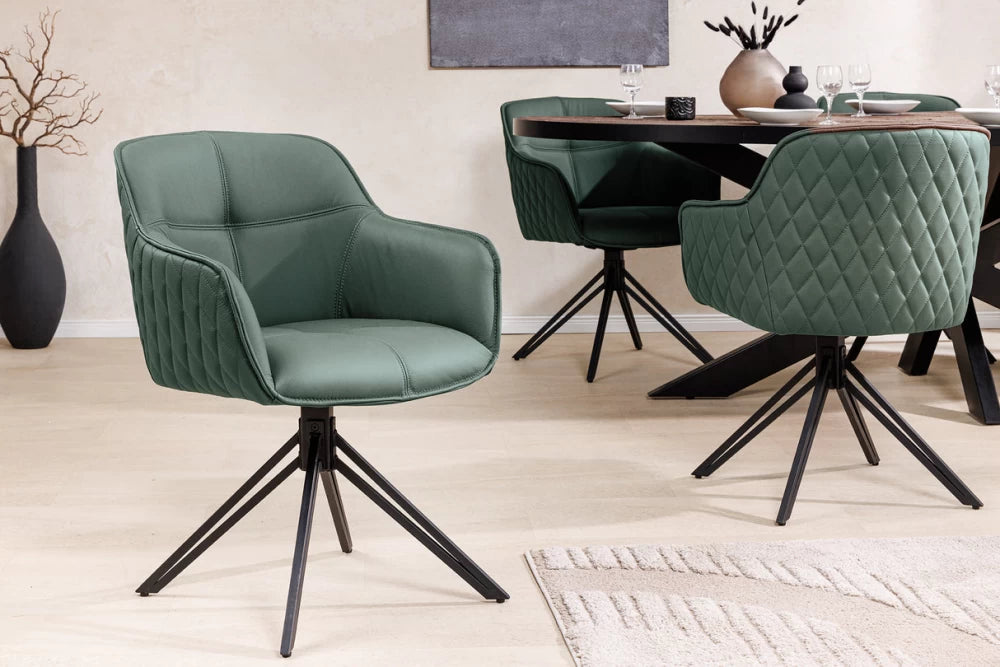 Set 2 scaune rotative cu brate tapitat cu Piele naturala Verde si picioare din Metal Negru H82xL58xA60cm Euphoria