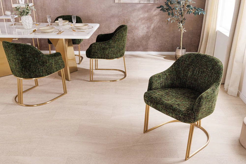 Set 2 scaune cu brate tapitat cu Chenille Verde inchis si picioare din Metal Auriu periat H81xL60xA63cm Extravagancia