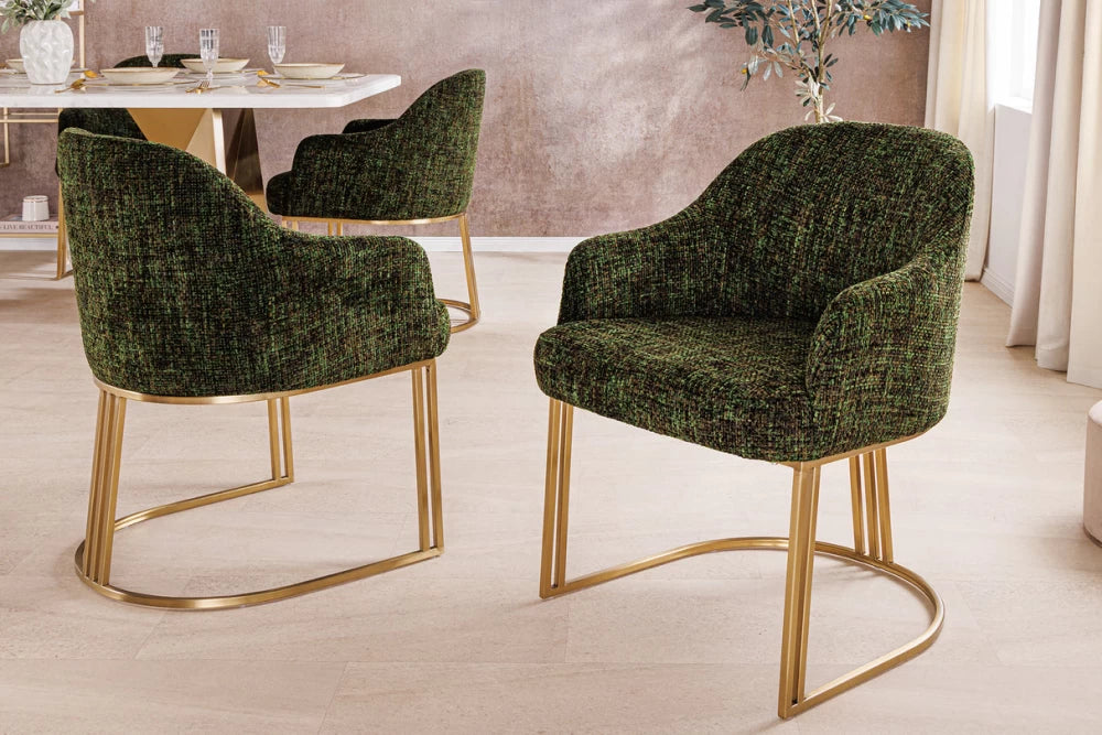 Set 2 scaune cu brate tapitat cu Chenille Verde inchis si picioare din Metal Auriu periat H81xL60xA63cm Extravagancia