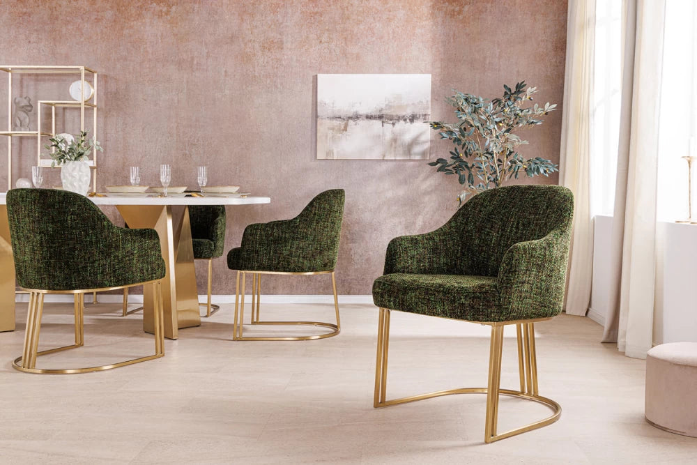 Set 2 scaune cu brate tapitat cu Chenille Verde inchis si picioare din Metal Auriu periat H81xL60xA63cm Extravagancia