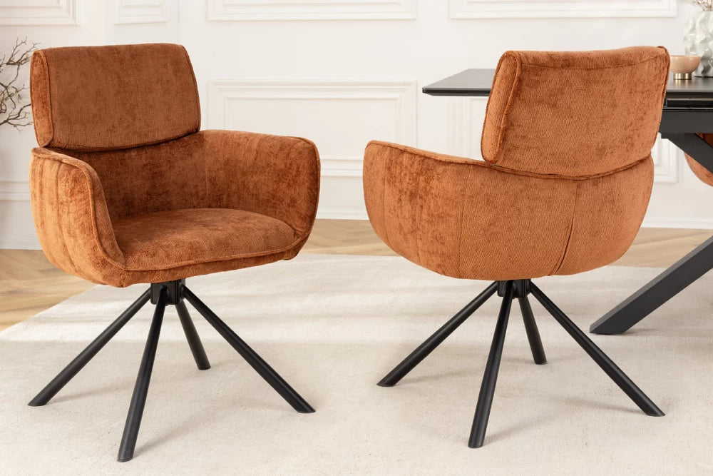 Set 2 scaune rotative cu brate tapitat cu Chenille Maro si picioare din Metal Negru H84xL61xA64cm Unique