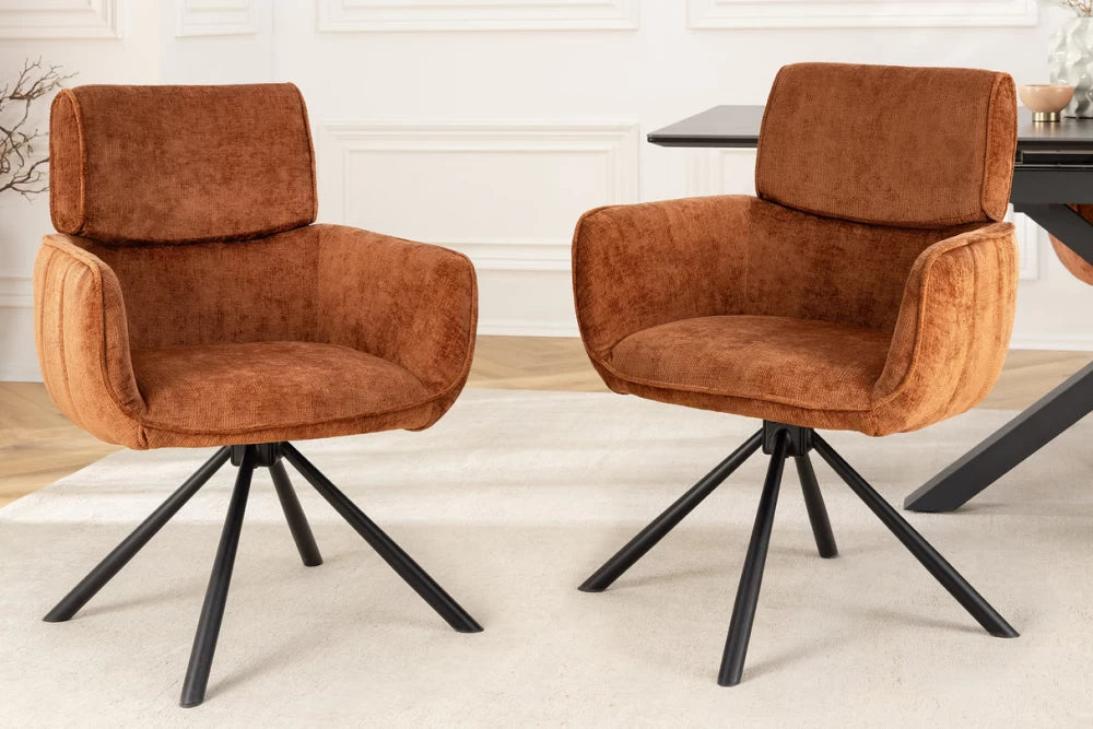 Set 2 scaune rotative cu brate tapitat cu Chenille Maro si picioare din Metal Negru H84xL61xA64cm Unique