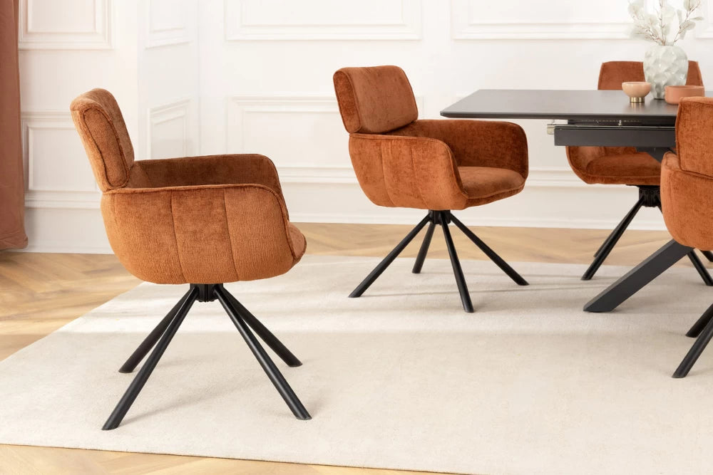 Set 2 scaune rotative cu brate tapitat cu Chenille Maro si picioare din Metal Negru H84xL61xA64cm Unique