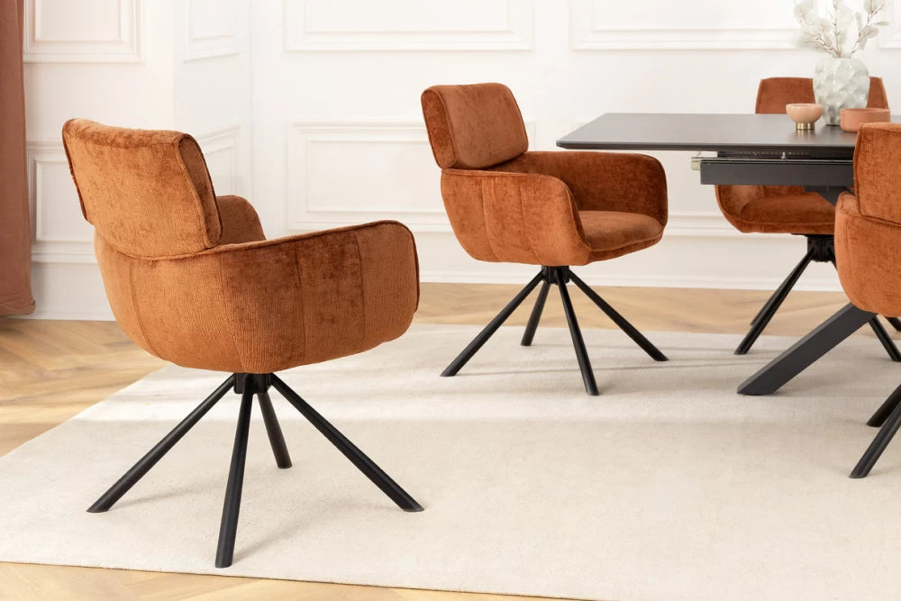 Set 2 scaune rotative cu brate tapitat cu Chenille Maro si picioare din Metal Negru H84xL61xA64cm Unique
