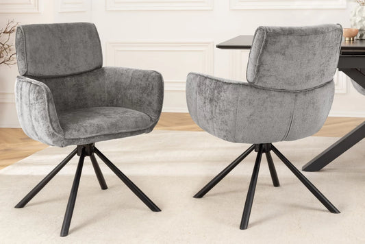 Set 2 scaune rotative cu brate tapitat cu Chenille Gri si picioare din Metal Negru H84xL61xA64cm Unique