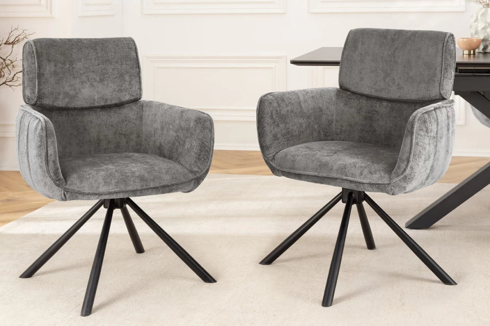 Set 2 scaune rotative cu brate tapitat cu Chenille Gri si picioare din Metal Negru H84xL61xA64cm Unique