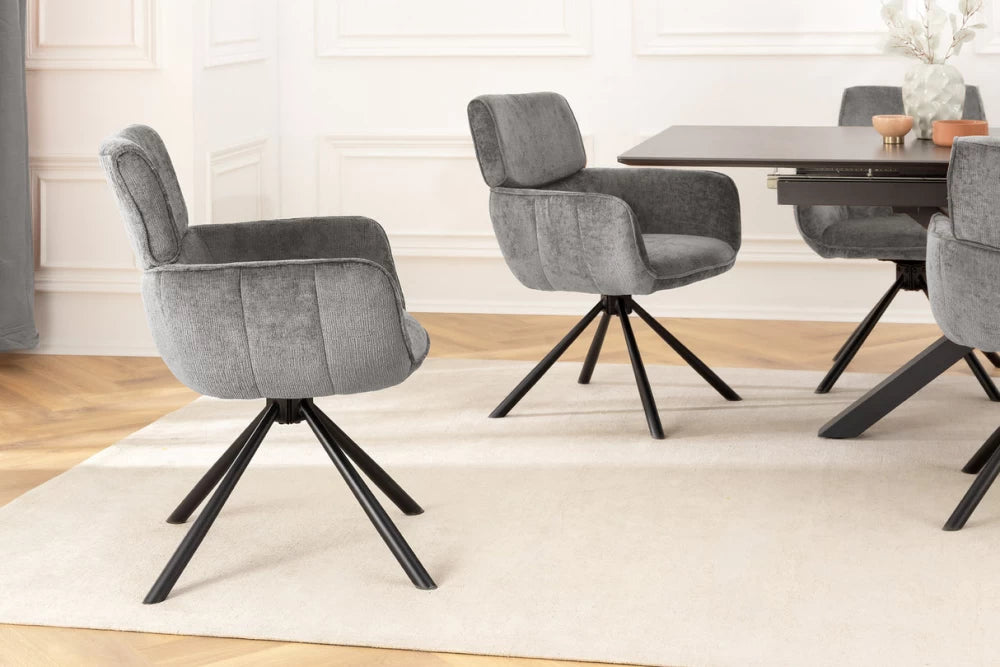 Set 2 scaune rotative cu brate tapitat cu Chenille Gri si picioare din Metal Negru H84xL61xA64cm Unique