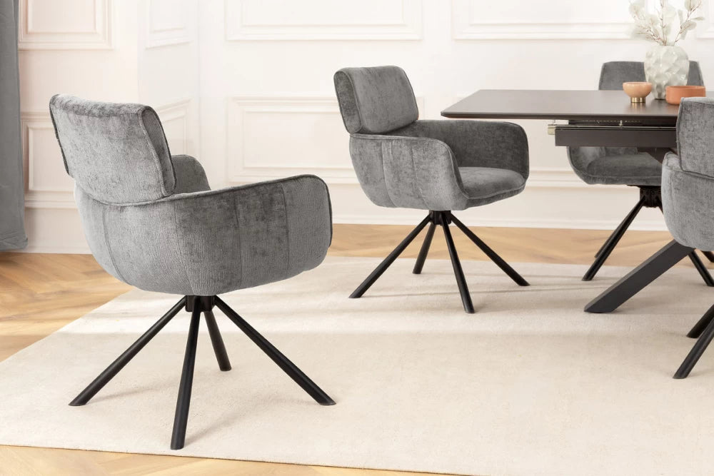 Set 2 scaune rotative cu brate tapitat cu Chenille Gri si picioare din Metal Negru H84xL61xA64cm Unique