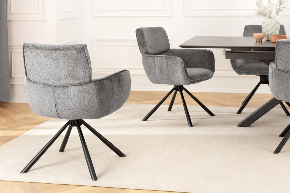 Set 2 scaune rotative cu brate tapitat cu Chenille Gri si picioare din Metal Negru H84xL61xA64cm Unique