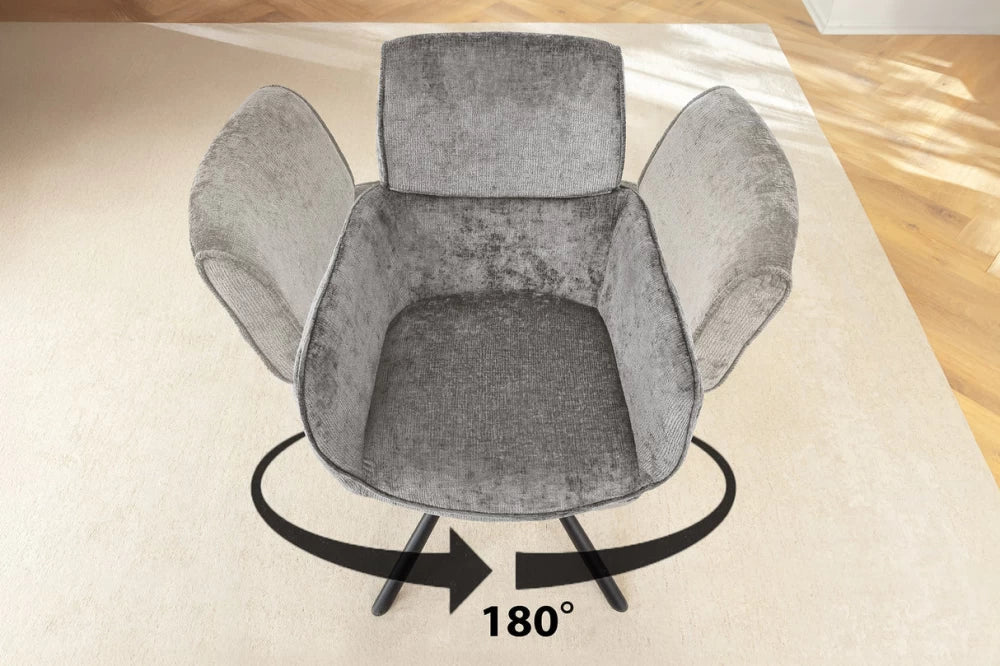 Set 2 scaune rotative cu brate tapitat cu Chenille Gri si picioare din Metal Negru H84xL61xA64cm Unique
