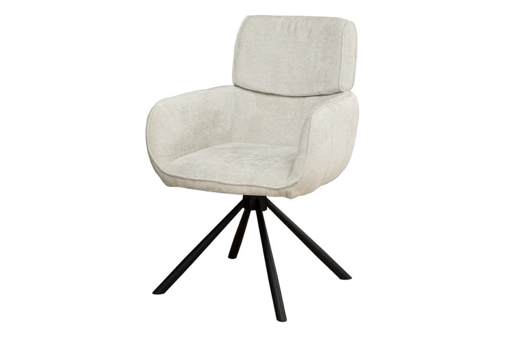Set 2 scaune rotative cu brate tapitat cu Chenille Bej sampanie si picioare din Metal Negru H84xL61xA64cm Unique