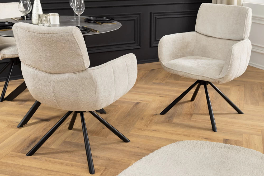 Set 2 scaune rotative cu brate tapitat cu Chenille Bej sampanie si picioare din Metal Negru H84xL61xA64cm Unique