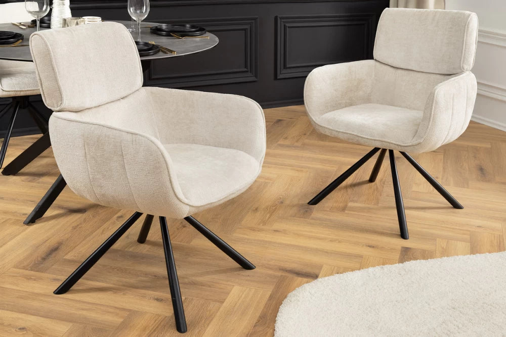 Set 2 scaune rotative cu brate tapitat cu Chenille Bej sampanie si picioare din Metal Negru H84xL61xA64cm Unique