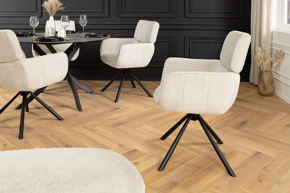 Set 2 scaune rotative cu brate tapitat cu Chenille Bej sampanie si picioare din Metal Negru H84xL61xA64cm Unique