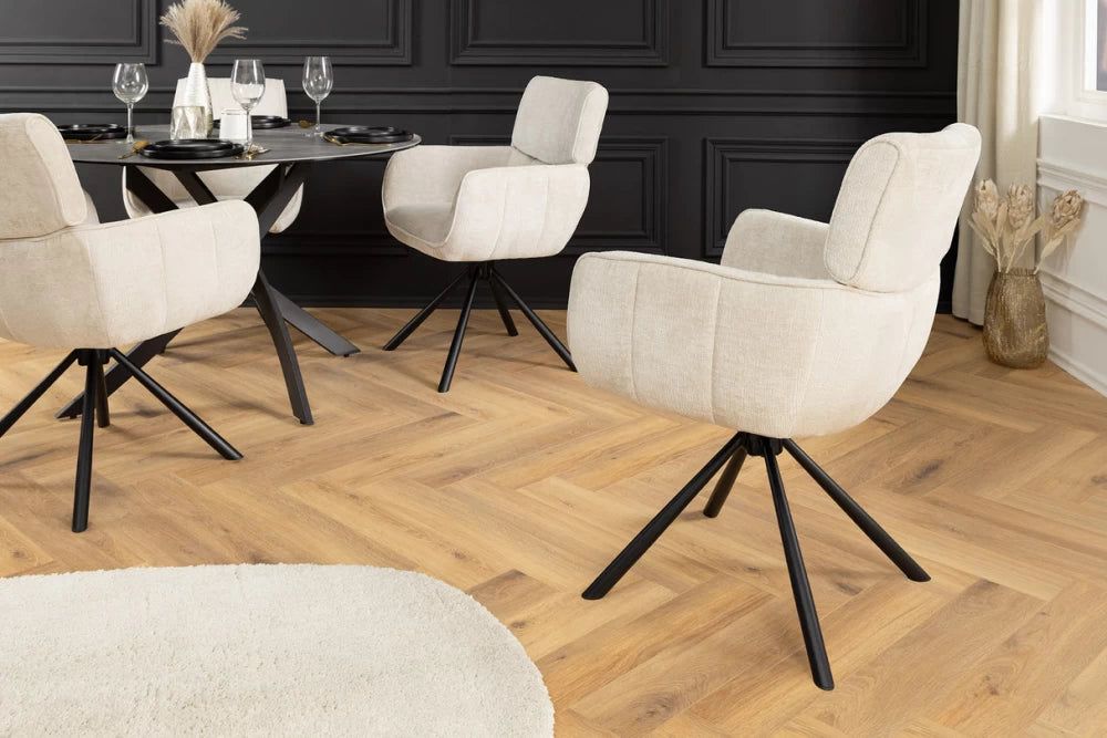 Set 2 scaune rotative cu brate tapitat cu Chenille Bej sampanie si picioare din Metal Negru H84xL61xA64cm Unique