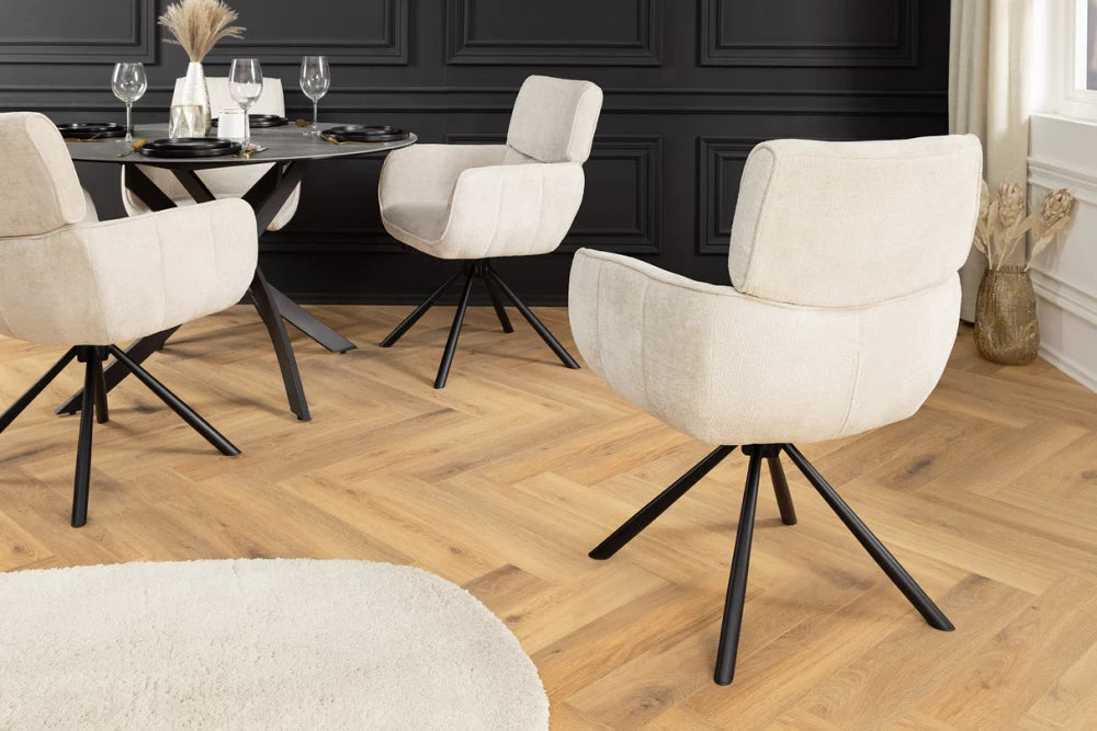 Set 2 scaune rotative cu brate tapitat cu Chenille Bej sampanie si picioare din Metal Negru H84xL61xA64cm Unique