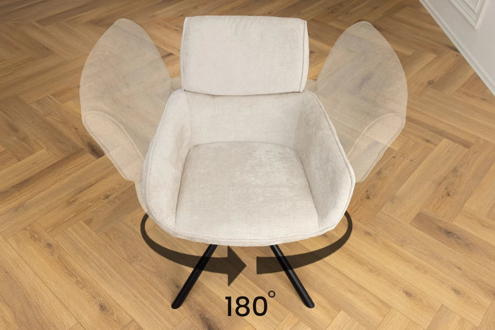 Set 2 scaune rotative cu brate tapitat cu Chenille Bej sampanie si picioare din Metal Negru H84xL61xA64cm Unique
