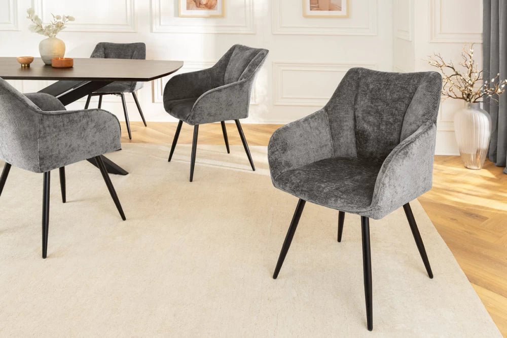 Set 2 scaune rotative cu brate  tapitat cu Chenille Gri si picioare din Metal Negru H85xL55xA58cm Avignon