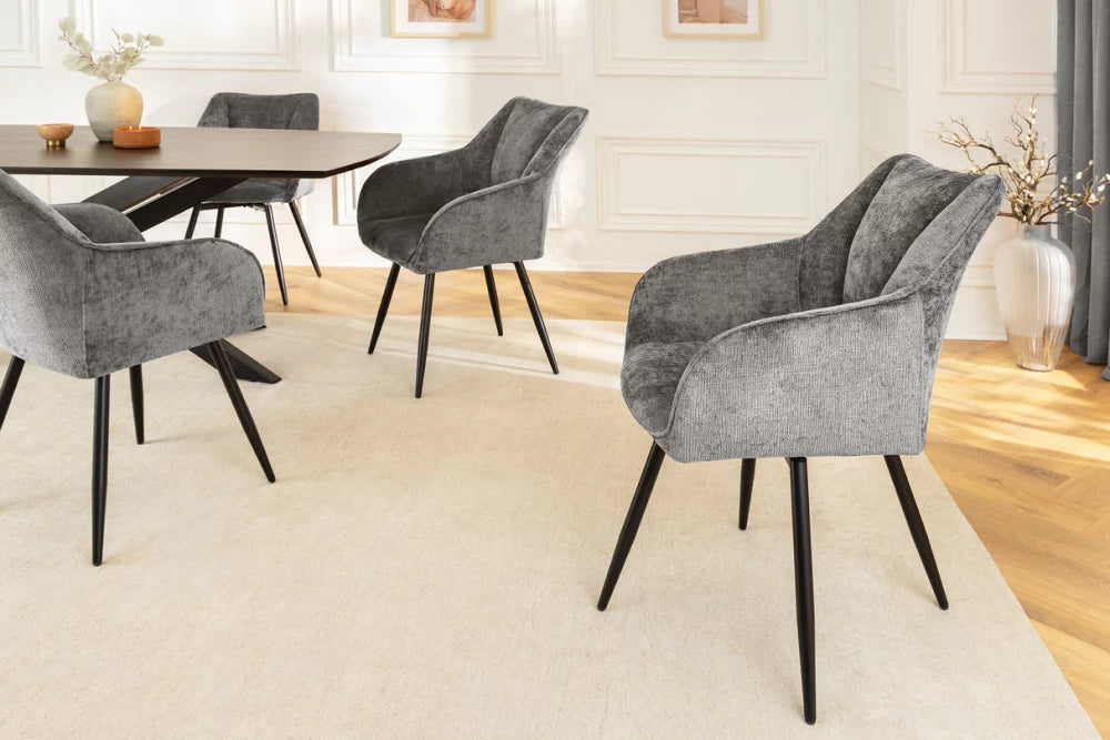 Set 2 scaune rotative cu brate  tapitat cu Chenille Gri si picioare din Metal Negru H85xL55xA58cm Avignon