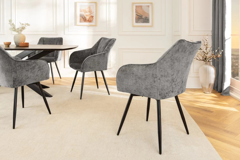 Set 2 scaune rotative cu brate  tapitat cu Chenille Gri si picioare din Metal Negru H85xL55xA58cm Avignon