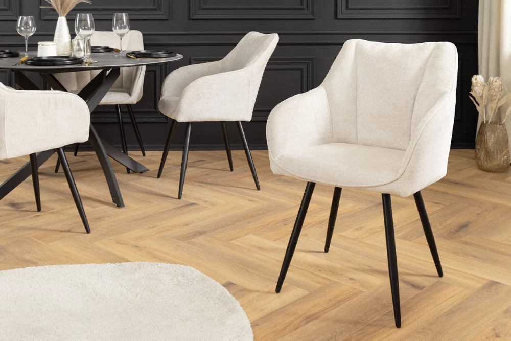 Set 2 scaune rotative cu brate tapitat cu Chenille Bej sampanie si picioare din Metal Negru H85xL55xA58cm Avignon