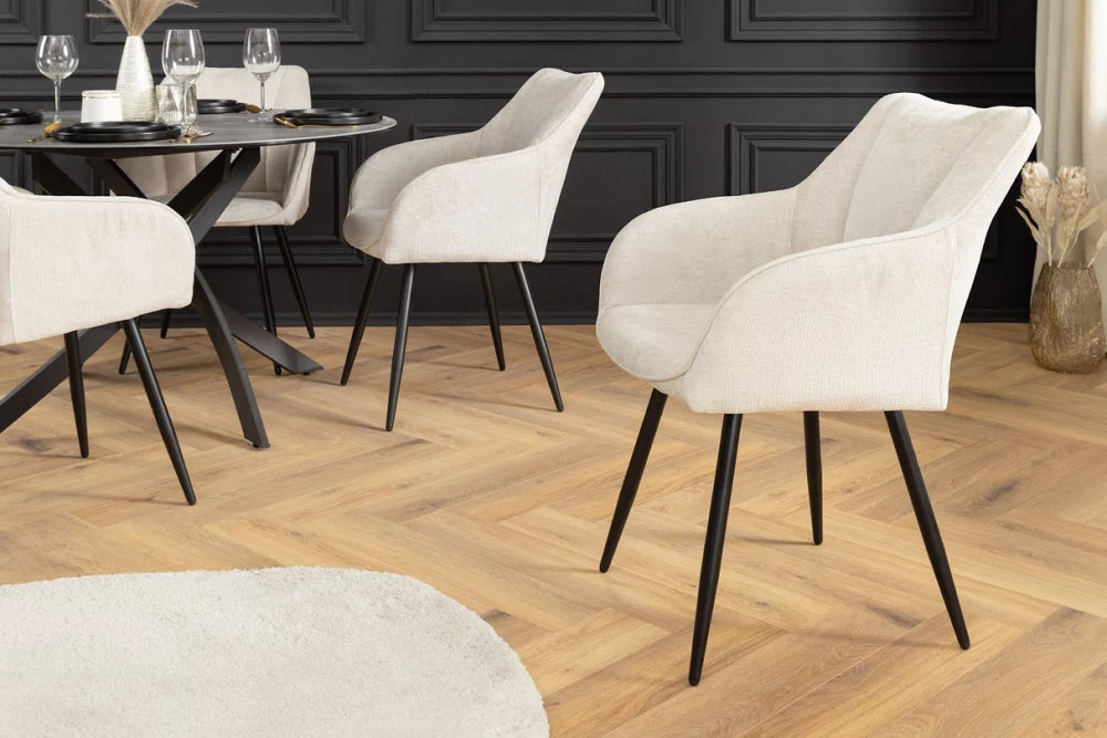 Set 2 scaune rotative cu brate tapitat cu Chenille Bej sampanie si picioare din Metal Negru H85xL55xA58cm Avignon
