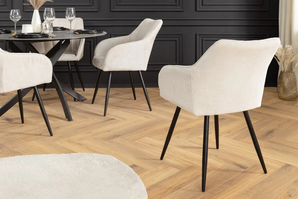 Set 2 scaune rotative cu brate tapitat cu Chenille Bej sampanie si picioare din Metal Negru H85xL55xA58cm Avignon
