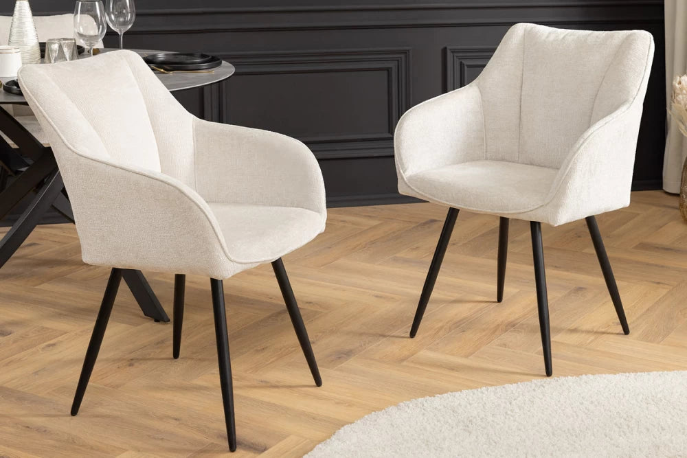Set 2 scaune rotative cu brate tapitat cu Chenille Bej sampanie si picioare din Metal Negru H85xL55xA58cm Avignon