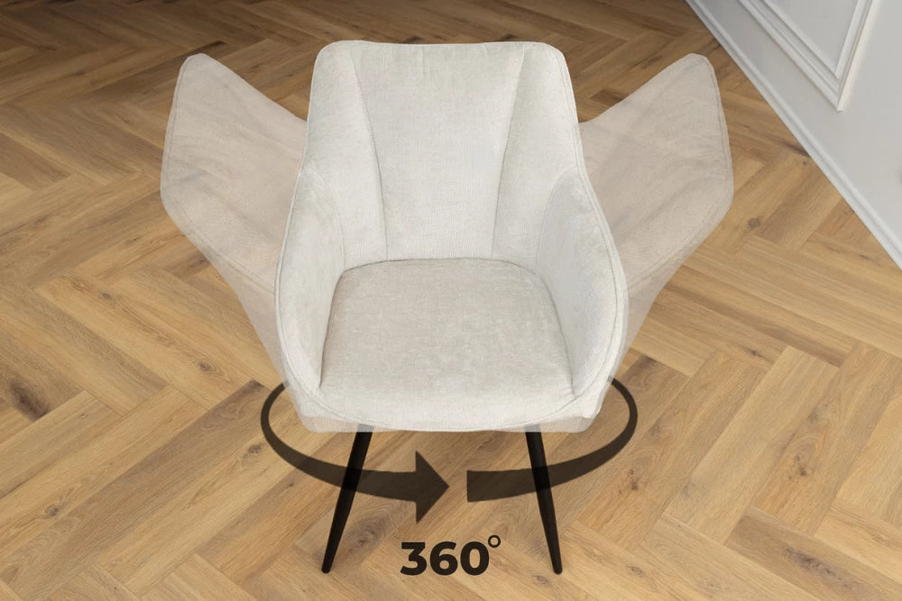 Set 2 scaune rotative cu brate tapitat cu Chenille Bej sampanie si picioare din Metal Negru H85xL55xA58cm Avignon