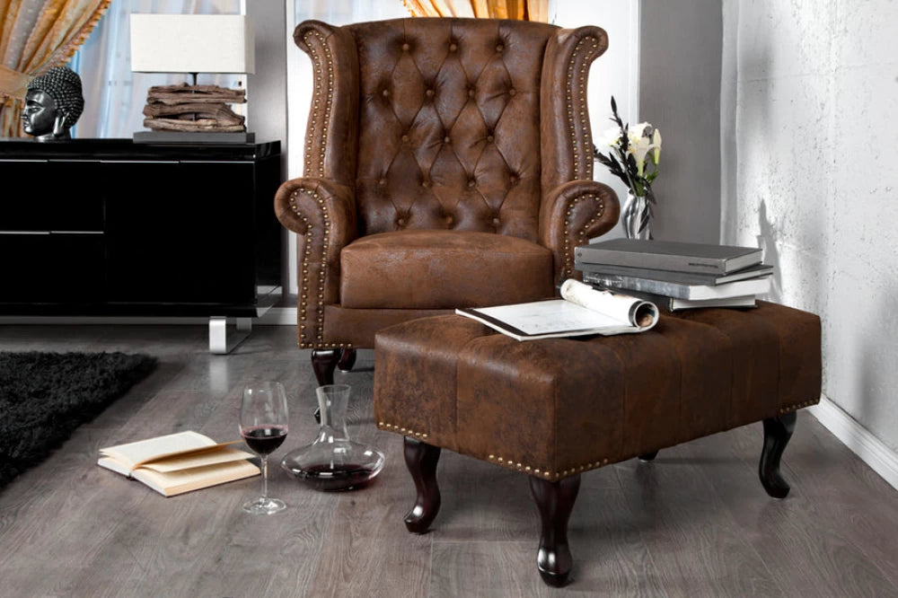 Puf din Lemn Maro inchis si Microfibra Maro H40xL80cm Chesterfield
