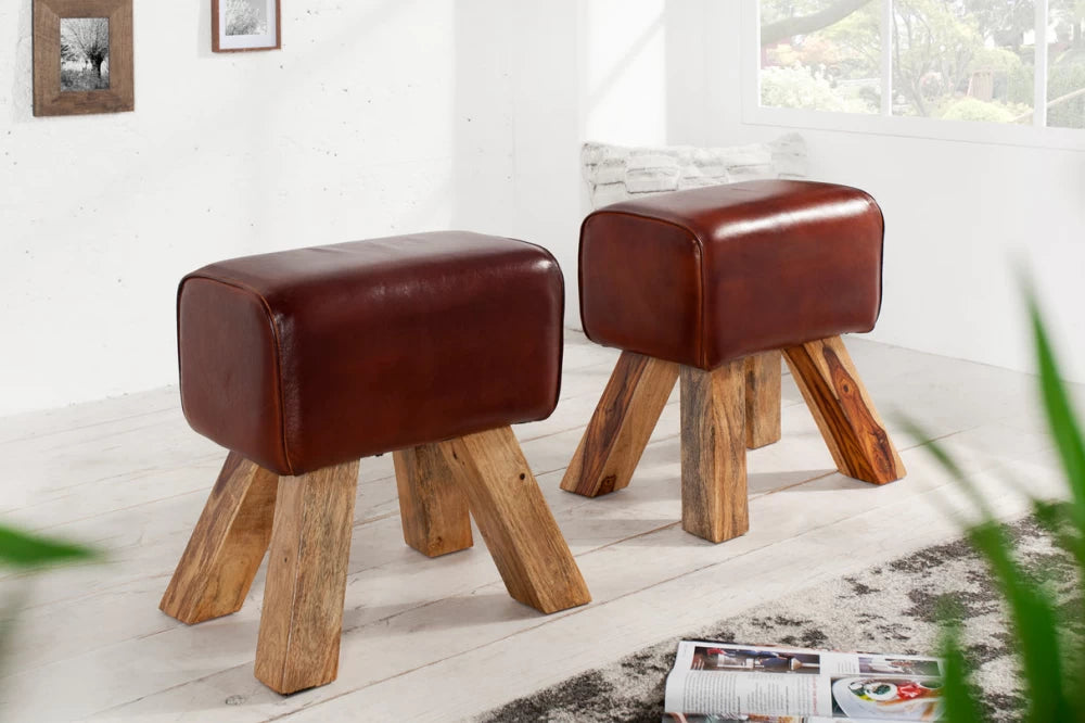 Taburet din Lemn de mango Maro si Piele naturala Maro H45xL40cm Bock