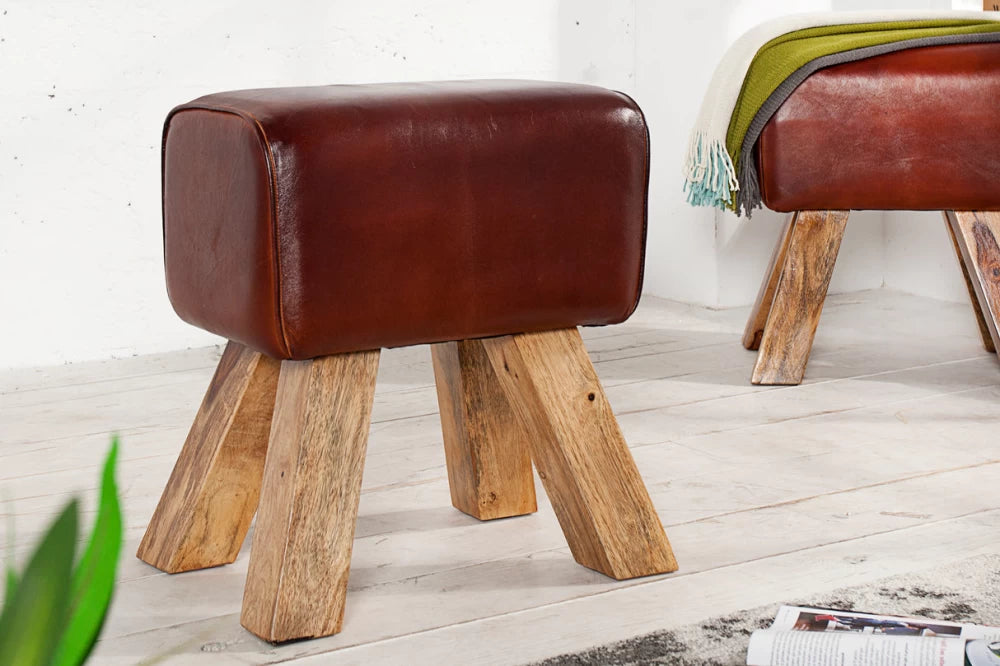 Taburet din Lemn de mango Maro si Piele naturala Maro H45xL40cm Bock