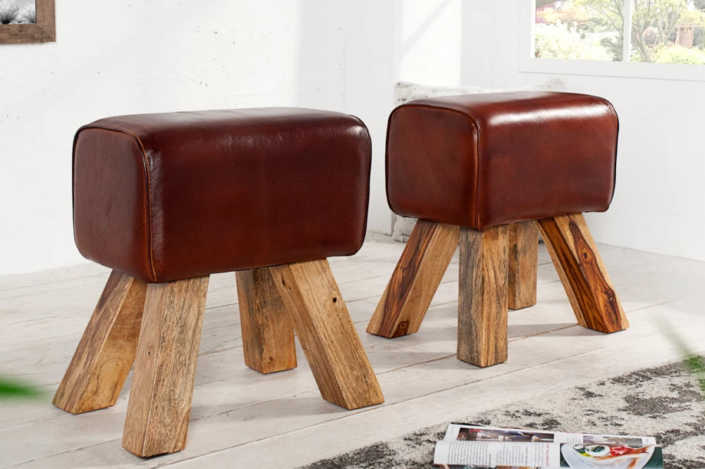 Taburet din Lemn de mango Maro si Piele naturala Maro H45xL40cm Bock