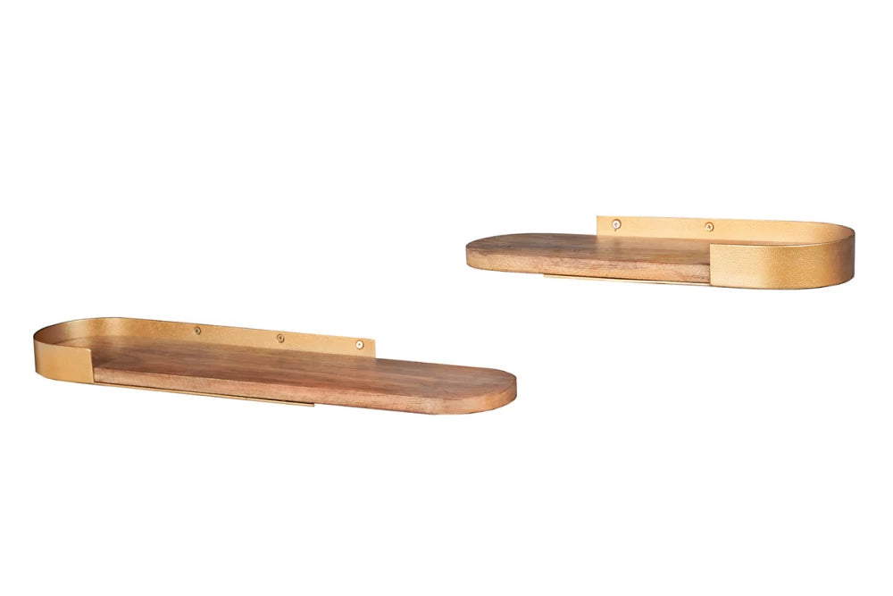 Set 2 polite de perete din Lemn de mango Maro si Metal Auriu L40/60xH4cm PURE NATURE