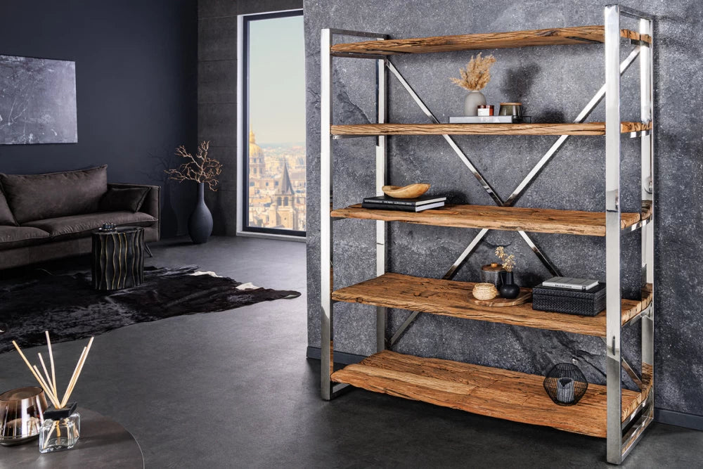 Etajera din Lemn de tec Maro si Otel inoxidabil Argintiu L141xH183cm BARRACUDA