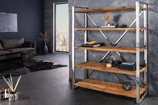 Etajera din Lemn de tec Maro si Otel inoxidabil Argintiu L141xH183cm BARRACUDA