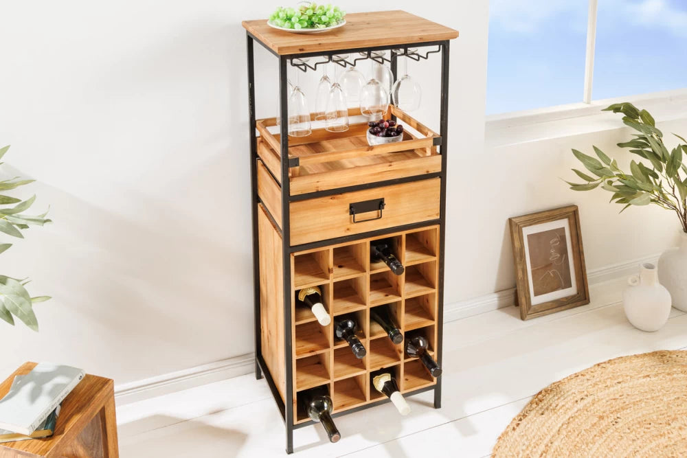 Etajera pentru sticle de vin din Lemn de pin Maro si Metal Negru L48xH120cm SEVEN SEAS