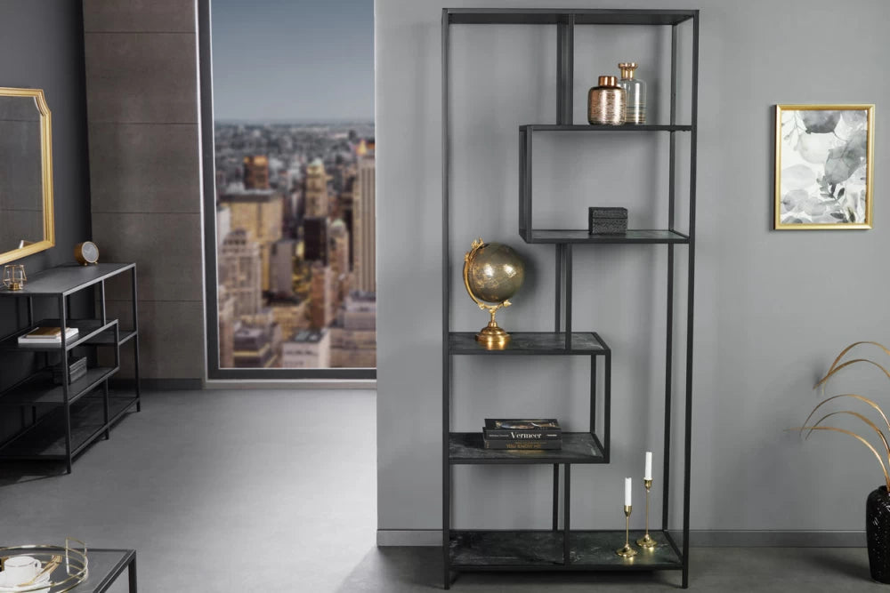 Etajera din MDF Antracit cu efect de marmura si Metal Negru L77xH185cm SLIM LINE