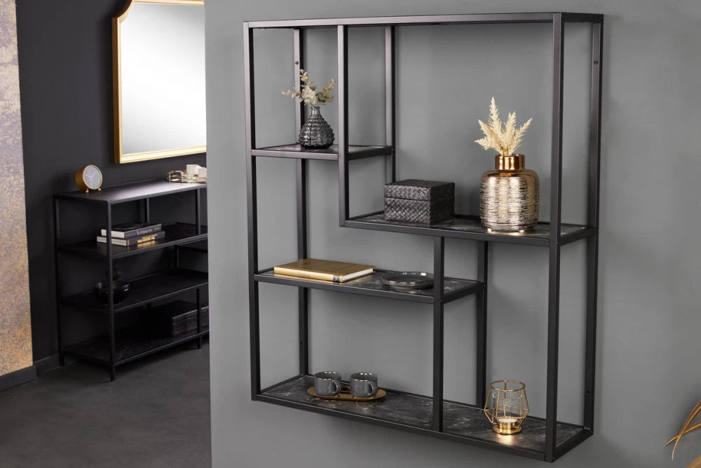 Raft de perete din MDF Antracit cu efect de marmura si Metal Negru L75xH91cm SLIM LINE
