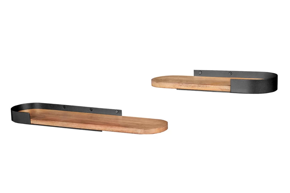 Set 2 polite de perete din Lemn de mango Maro si Metal Negru L40/60xH4cm PURE NATURE