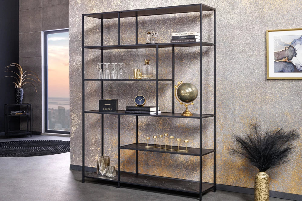 Etajera din MDF Antracit cu efect de marmura si Metal Negru L135xH185cm SLIM LINE