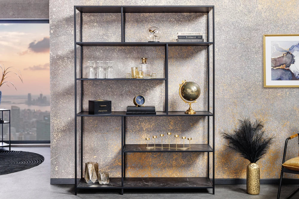 Etajera din MDF Antracit cu efect de marmura si Metal Negru L135xH185cm SLIM LINE