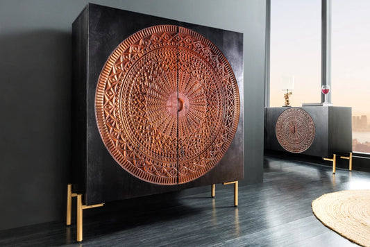 Dulap din Lemn de mango Negru/Maro si Metal Auriu L105xH120cm MANDALA
