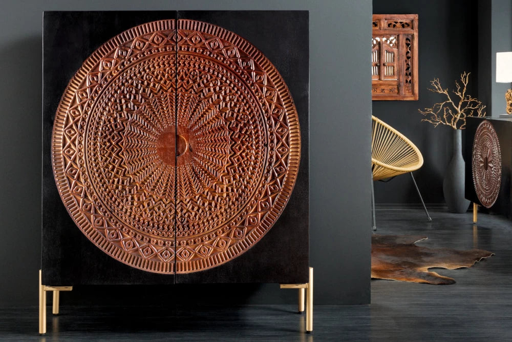 Dulap din Lemn de mango Negru/Maro si Metal Auriu L105xH120cm MANDALA